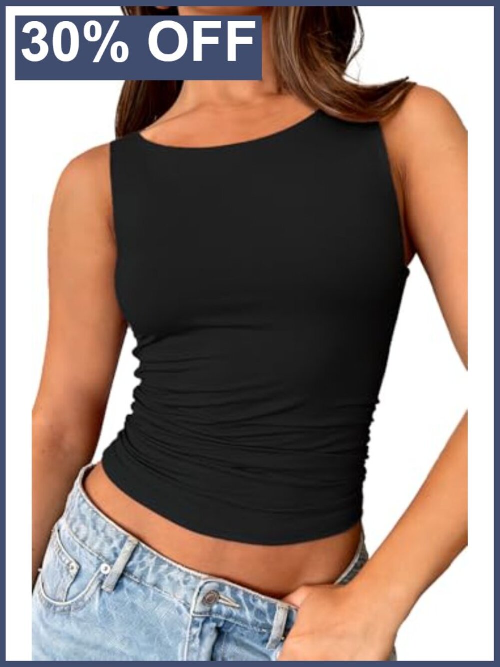 Womens Ruched Boat Neck Double Lined Crop Tank Top Sleeveless Slim Fit Y2K